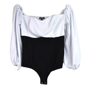 Express Bodysuit M Womens Black White Puff Sleeve Off Shoulder Date Night 90s